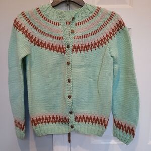 Mint Green Nordic  Fair Isle Cardigan Women's Sweater Medium Handmade